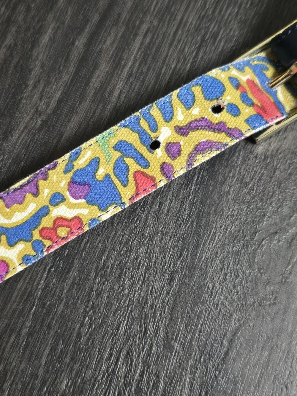 Reversible Belt Navy Leather Abstract Floral Print Gold Buckle Vintage 1